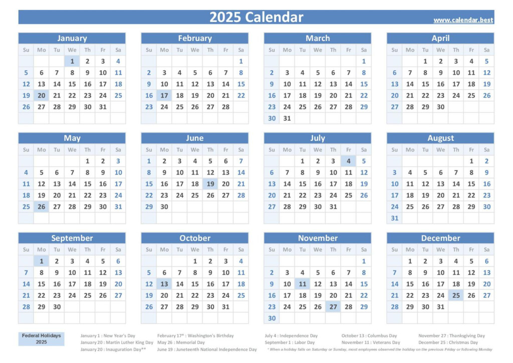 2025 Printable Calendars With Holidays Pdf Form Download Helge Kristyn