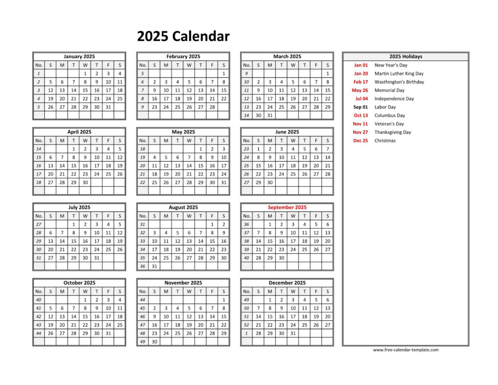 2025 Yearly Calendar Printable With Week Numbers Free Calendar Template