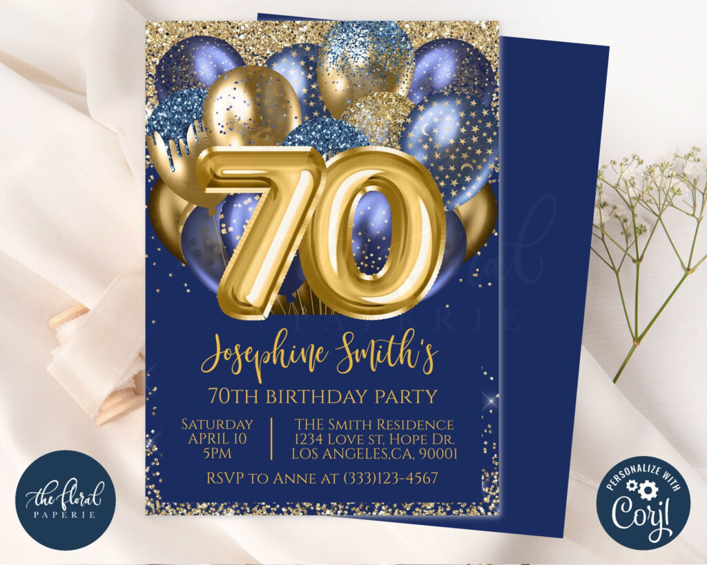 70th Birthday Invitation Template Navy Blue And Gold Birthday Editable Balloon 70th