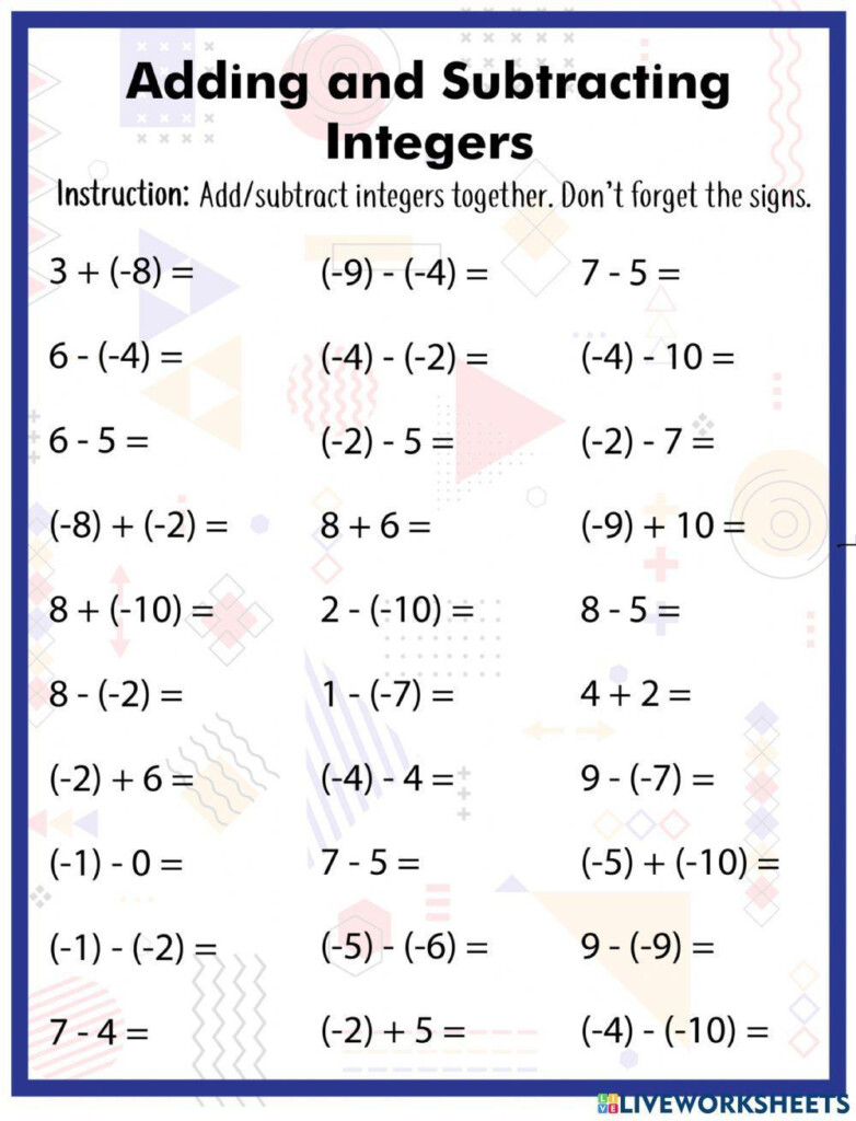 Adding And Subtracting Integers Worksheet For 3 Live Worksheets 