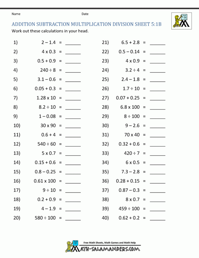 Addition Subtraction Multiplication Division Worksheets Worksheets 