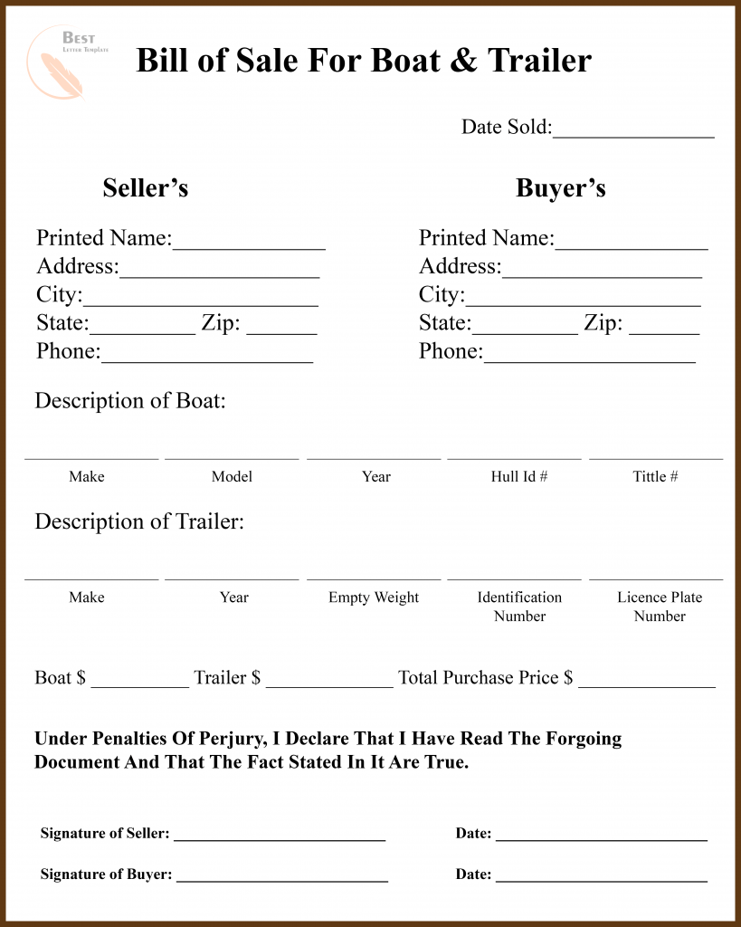 Bill Of Sale Template Boat And Trailer