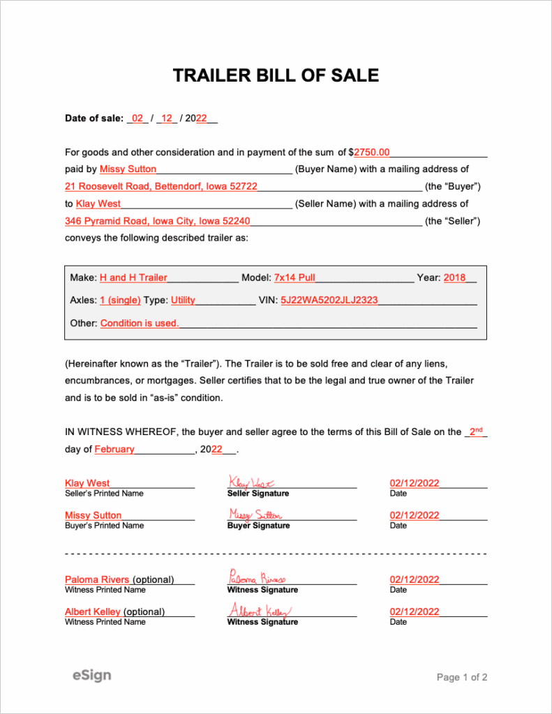 Bill Of Sale Trailer Free Printable Free Printable Templates