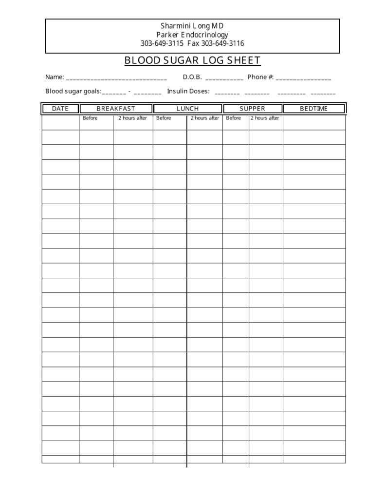 Blood Sugar Log Template Printable Printable Templates