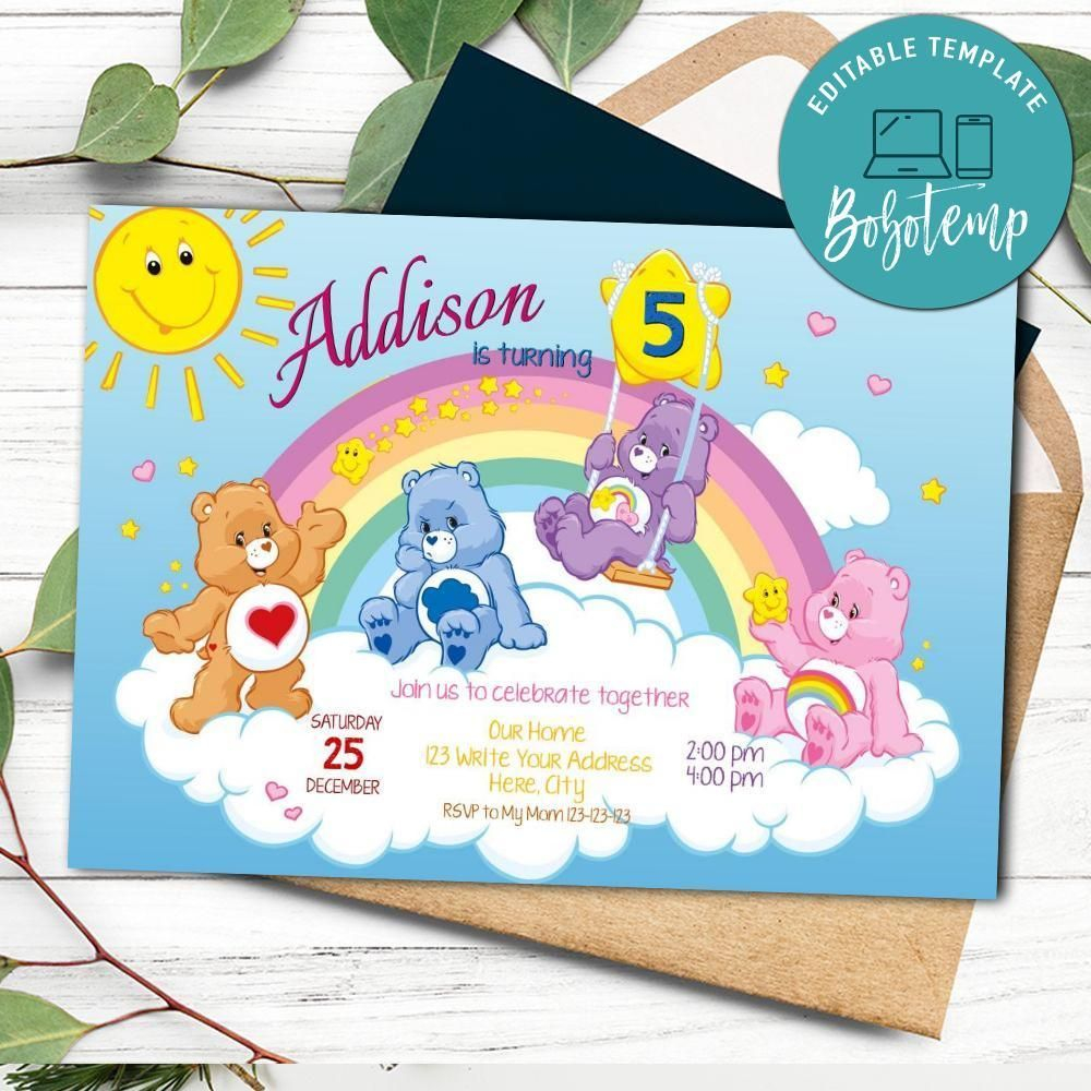 Care Bears Birthday Invitation Customizable Template DIY Createpartylabels