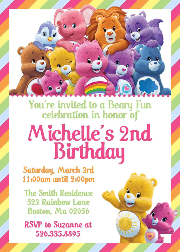 Care Bears Themed Birthday Invitation Personalized Rainbow Care Bears Invitations Announcements