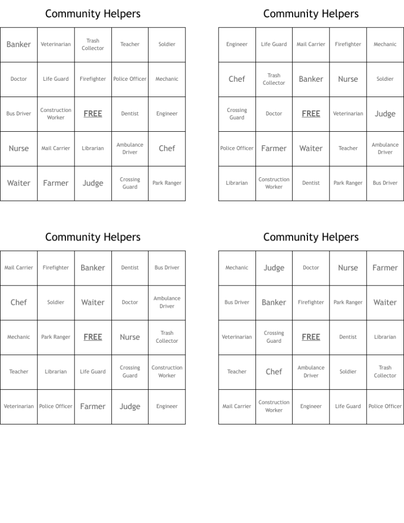 Community Helpers Bingo Cards WordMint