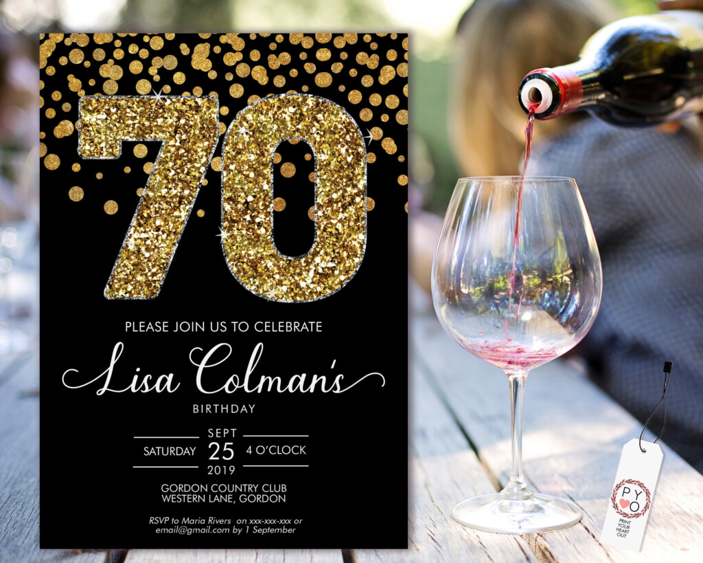 DIY 70th Birthday Confetti Invitation Printable Template Black Gold Glitter Editable Birthday