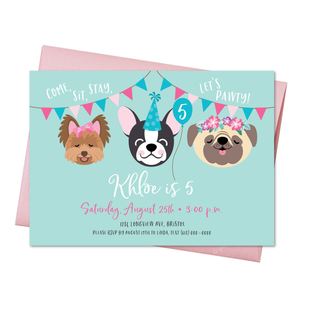 Dog Birthday Party Invitation Pug Boston Terrier Yorkie Girls Puppy Invite WE EDIT You