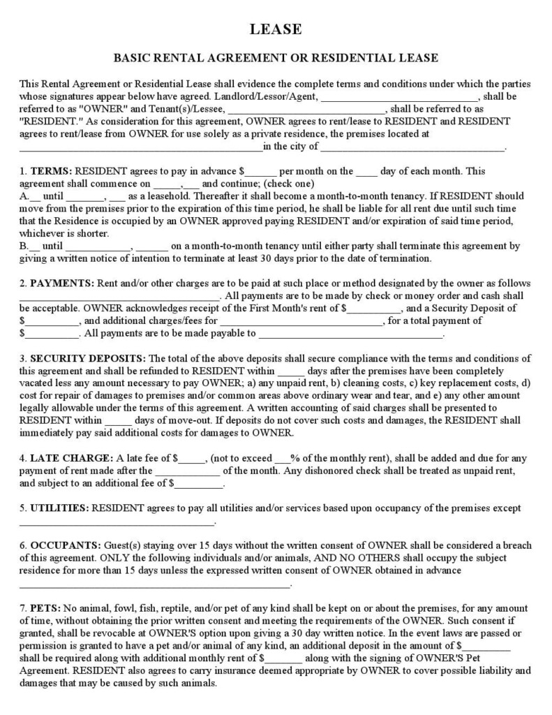 Download Free Basic Rental Agreement Or Residential Lease Printable Lease Agreement