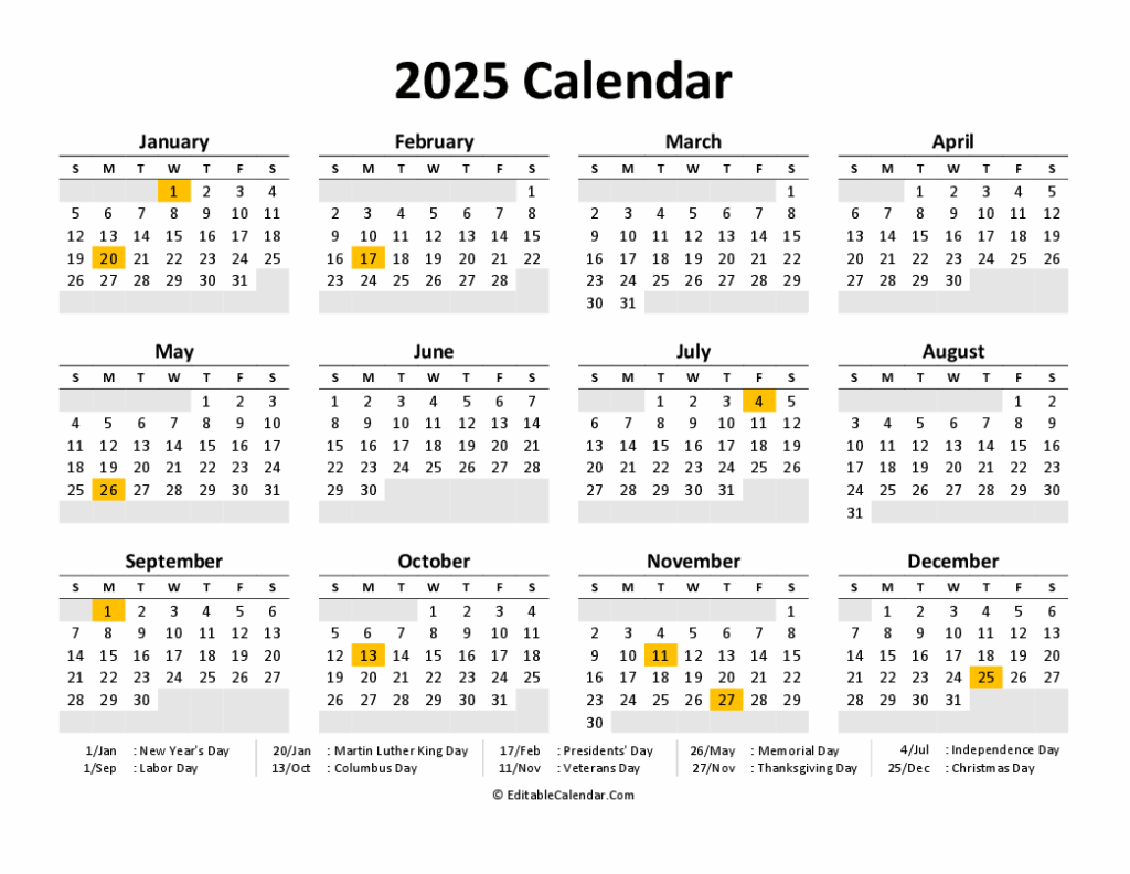 Download Printable Calendar 2025 Free PDF Version 