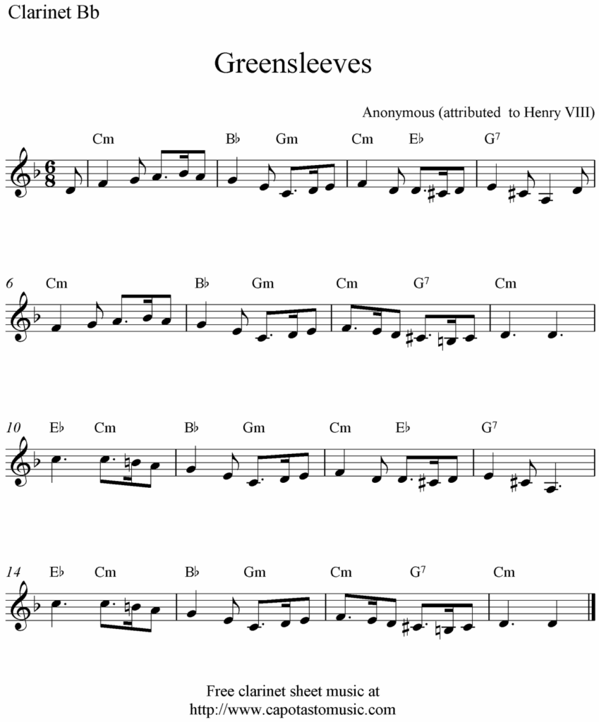 Easy Sheet Music For Beginners Greensleeves Free Clarinet Sheet Music Notes