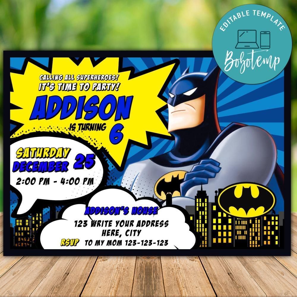 Editable Batman Comic Birthday Invitation Instant Download Bobotemp