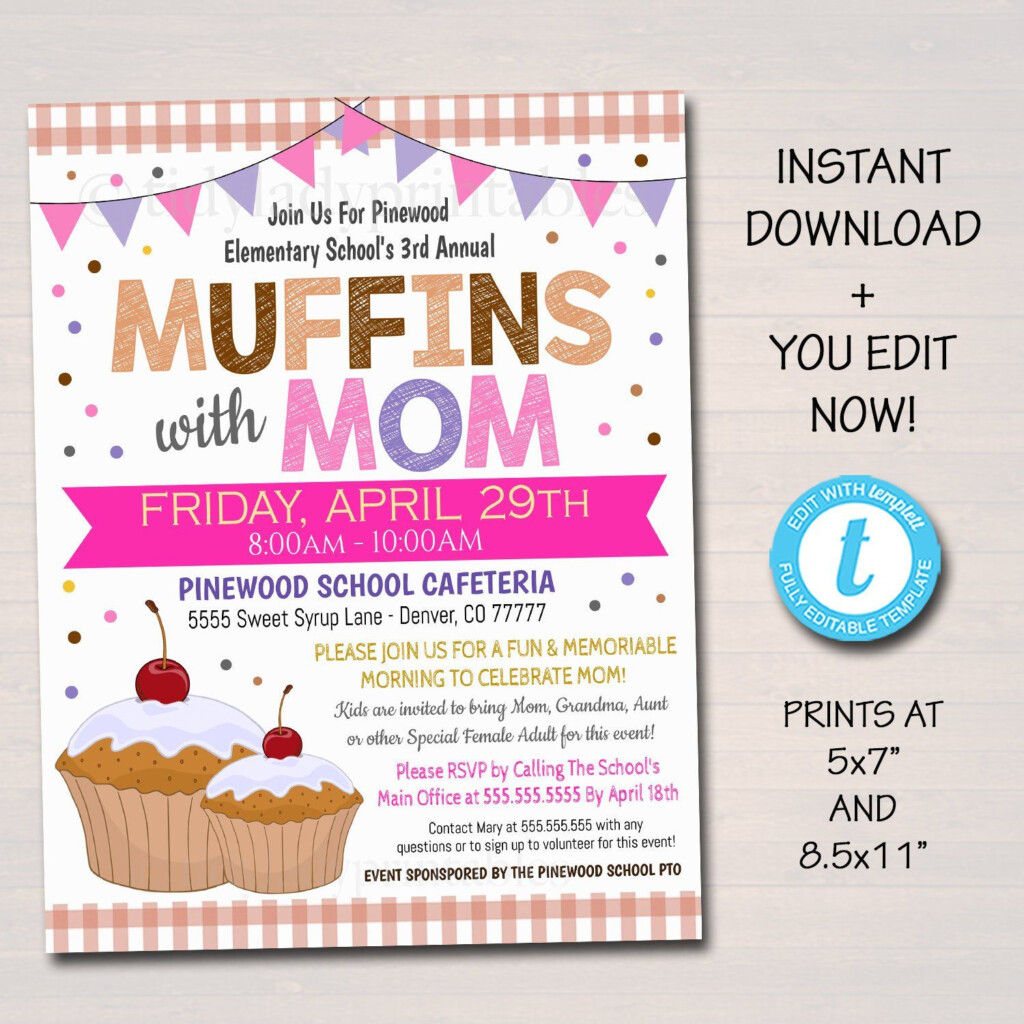 EDITABLE Muffins With Mom Invite Printable PTA Flyer Mother S Day Brunch Event School Mom
