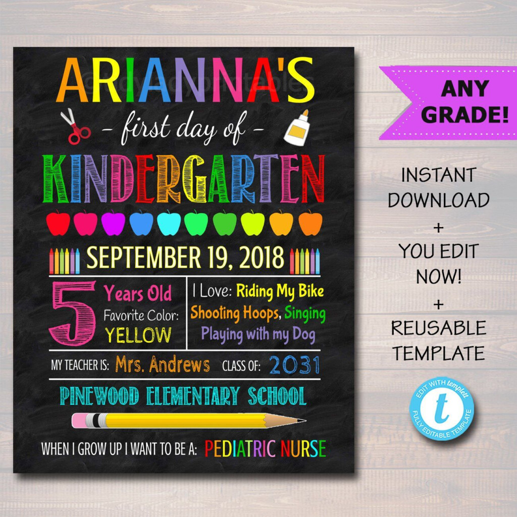 First Day Of School Sign Editable Back To School Chalkboard Poster Personalized School
