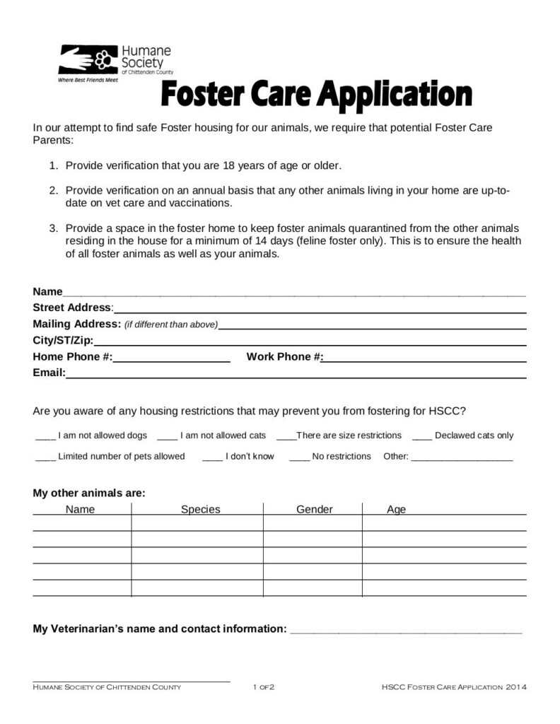 Foster Care Application 02 04 14 By Chittenden County Humane Society PDF Archive