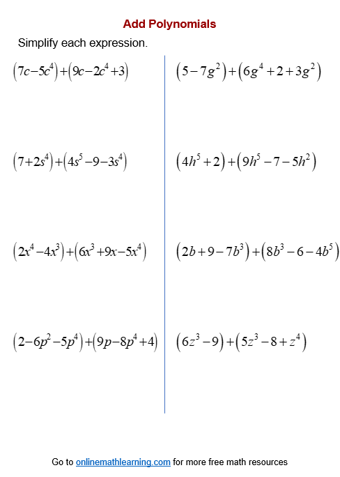 Free Add And Subtract Polynomials Worksheet Download Free Add And 