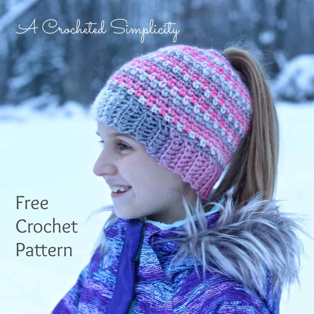 Free Crochet Pattern W Video Tutorial Linen Stitch Messy Bun Ponytail Hat A Crocheted