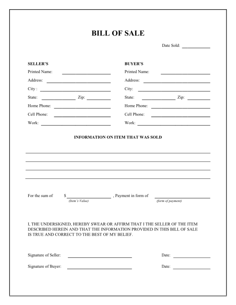 Free General Bill Of Sale Form Download PDF Word