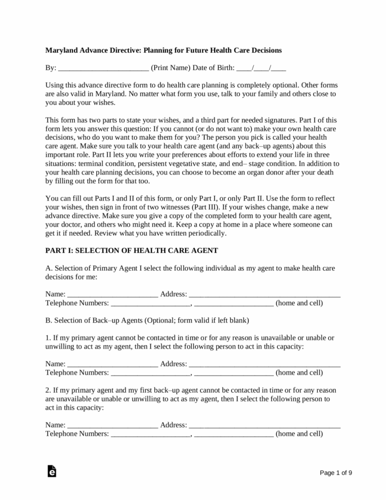 Free Maryland Advance Directive Form Template PDF Word EForms