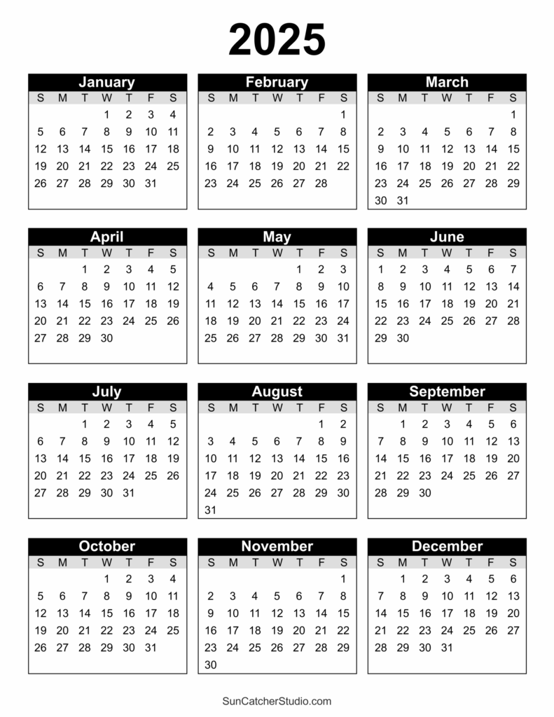Free Printable 2025 Yearly Calendar DIY Projects Patterns Monograms Designs Templates