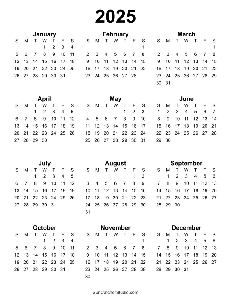 Free Printable 2025 Yearly Calendar DIY Projects Patterns Monograms Designs Templates