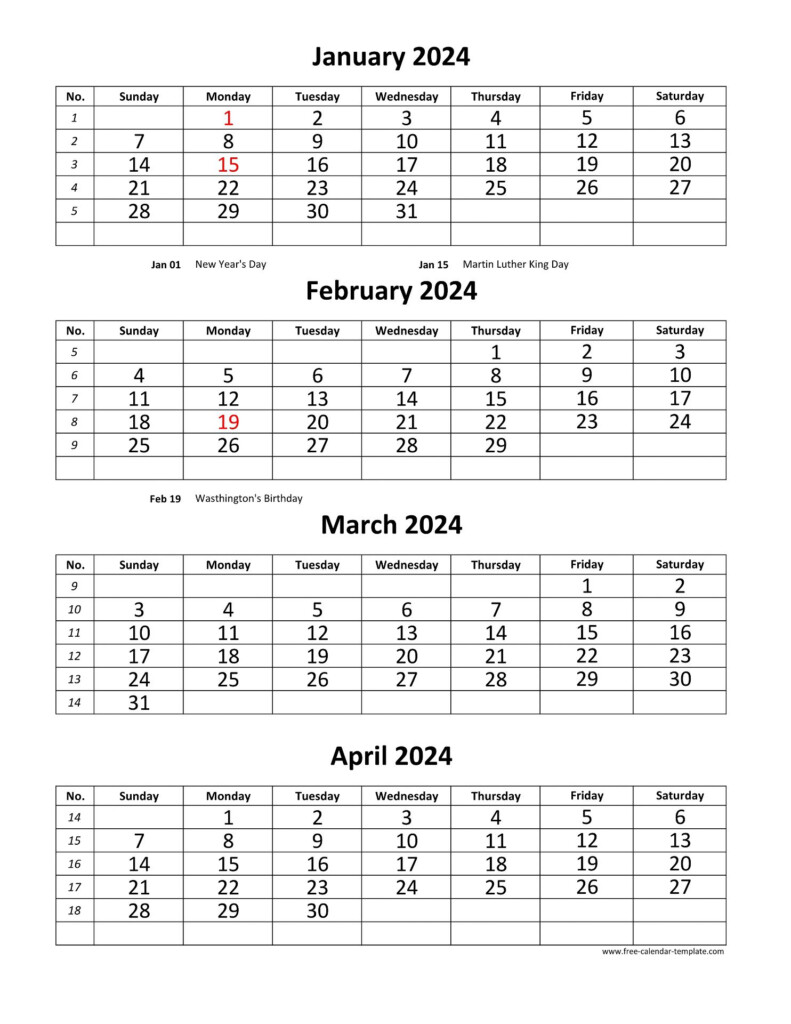 Free Printable 4 Month Calendar 2024 Printable Calendar 2024