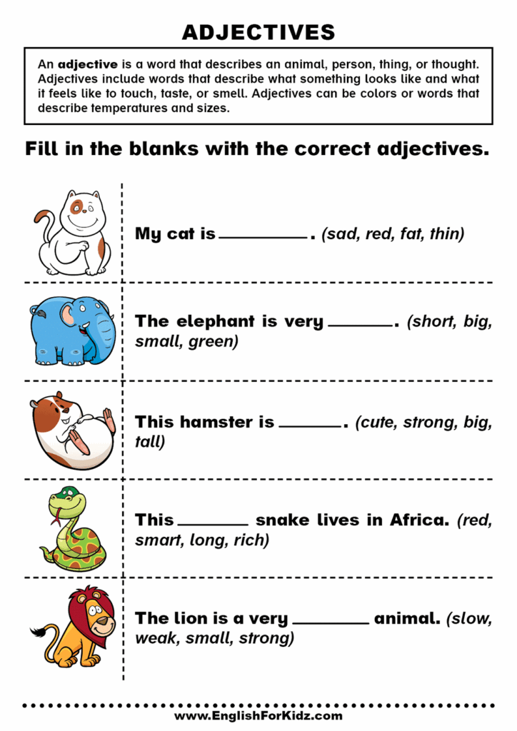 Free Printable Adjective Worksheets