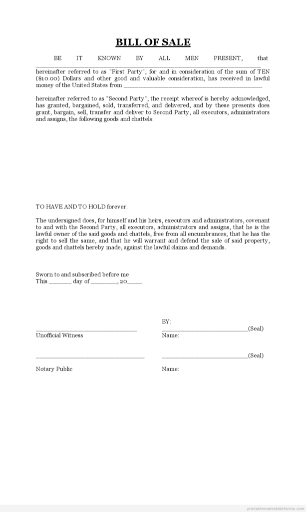 Free Printable Bill Of Sale