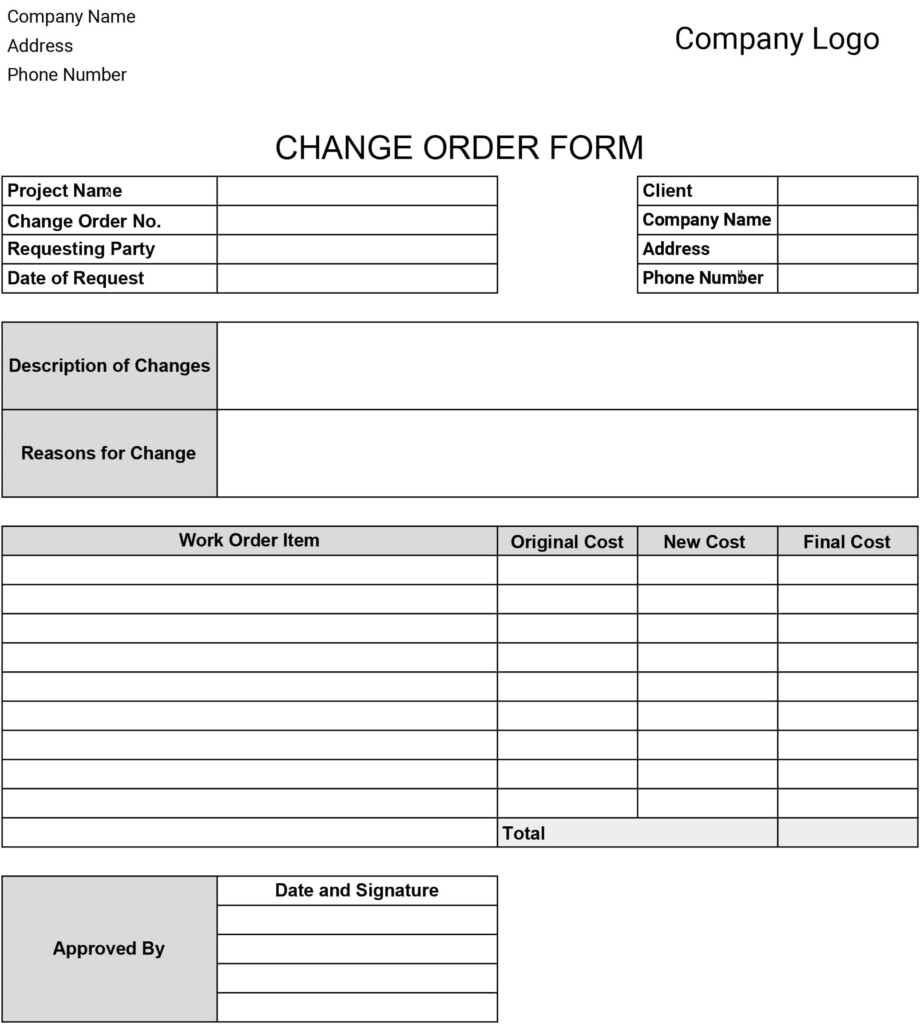 Free Printable Construction Change Order Form Printable Forms Free Online
