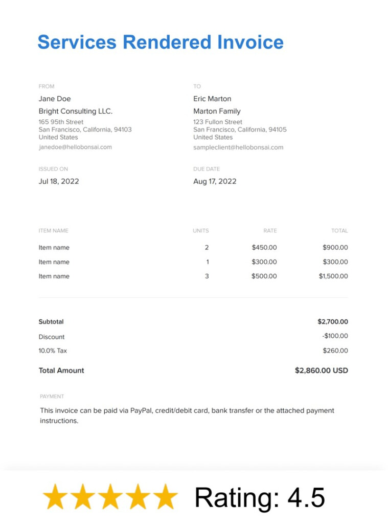 Free Services Rendered Invoice Template Free Download Bonsai