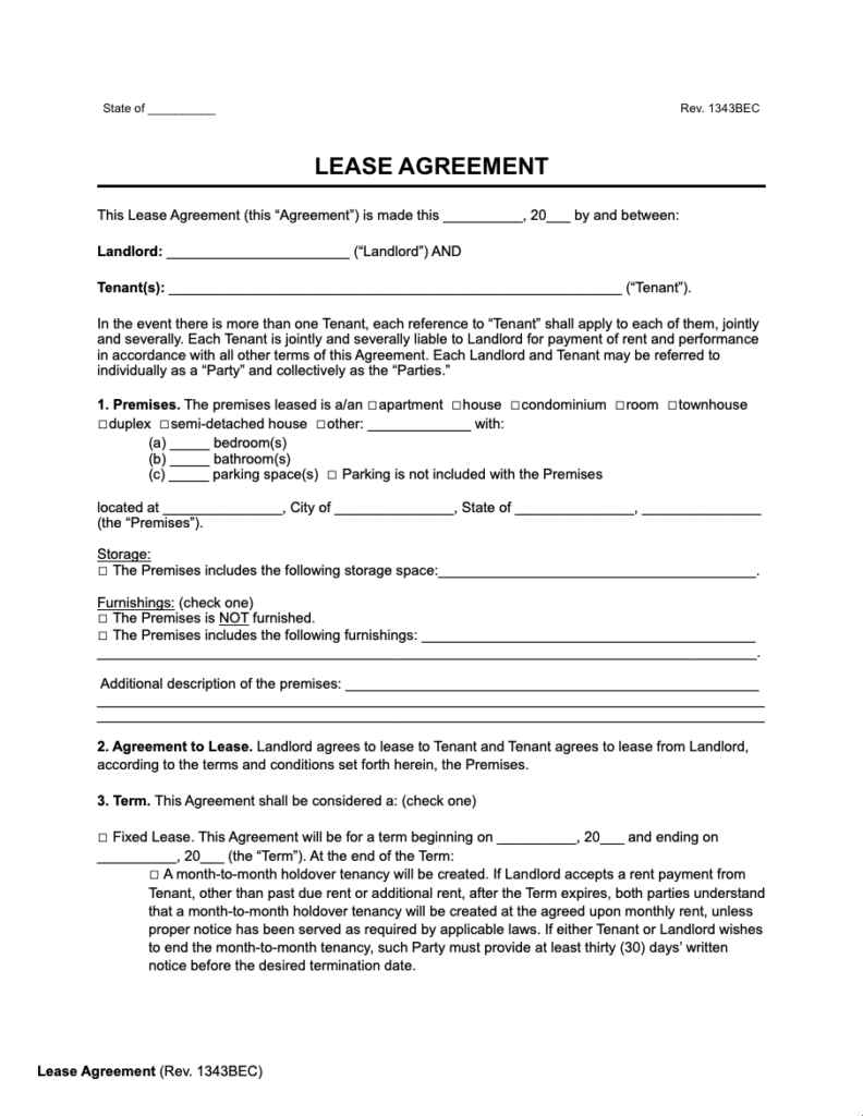 Free Standard Residential Lease Agreement Template PDF Word