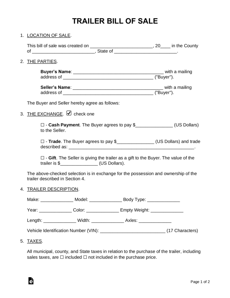 Free Trailer Bill Of Sale Form PDF Word EForms