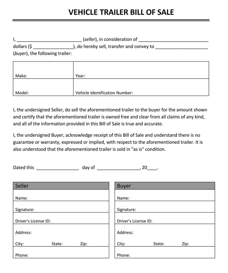 Free Trailer Bill Of Sale Forms How To Use Word PDF