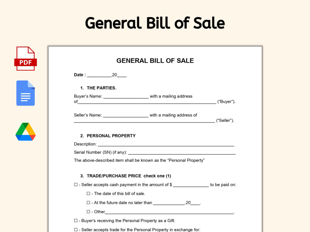 General Bill Of Sale Bill Of Sale Bill Of Sale Template Bill Of Sale Form Etsy
