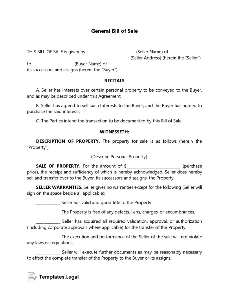 General Bill Of Sale Templates Free Word PDF ODT 