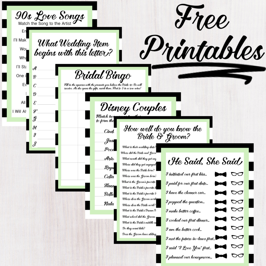 Here Are Some Free Bridal Shower Game Printables They Are Black White And Sage A Color Pal