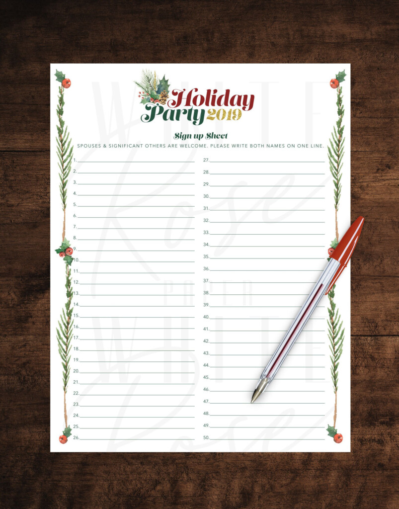 Holiday Party Sign Up Sheet Watercolor Christmas Greenery Border Holiday Party Sign Work