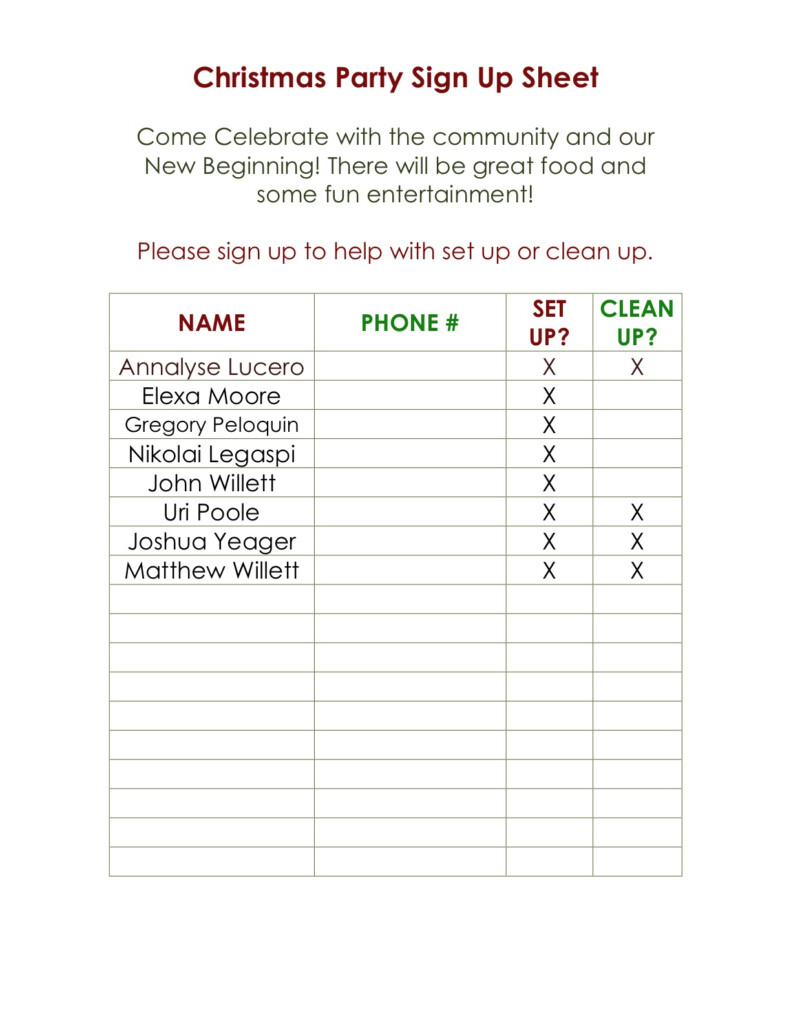 Holiday Sign Up Sheet Templates Free