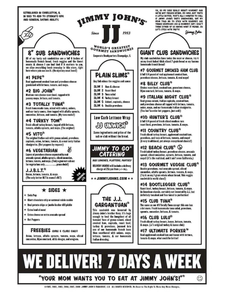 Jimmy Johns Printable Menu With Prices 49 Cameron Soroush