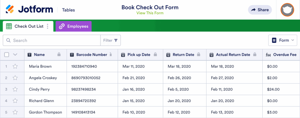 Library Check Out Sheet Template Jotform Tables
