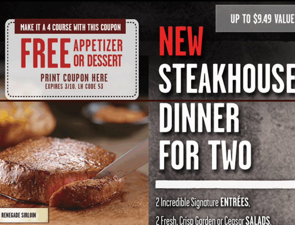 LongHorn Steakhouse Free Appetizer Or Dessert Coupon With 2 Entree Purchase Al
