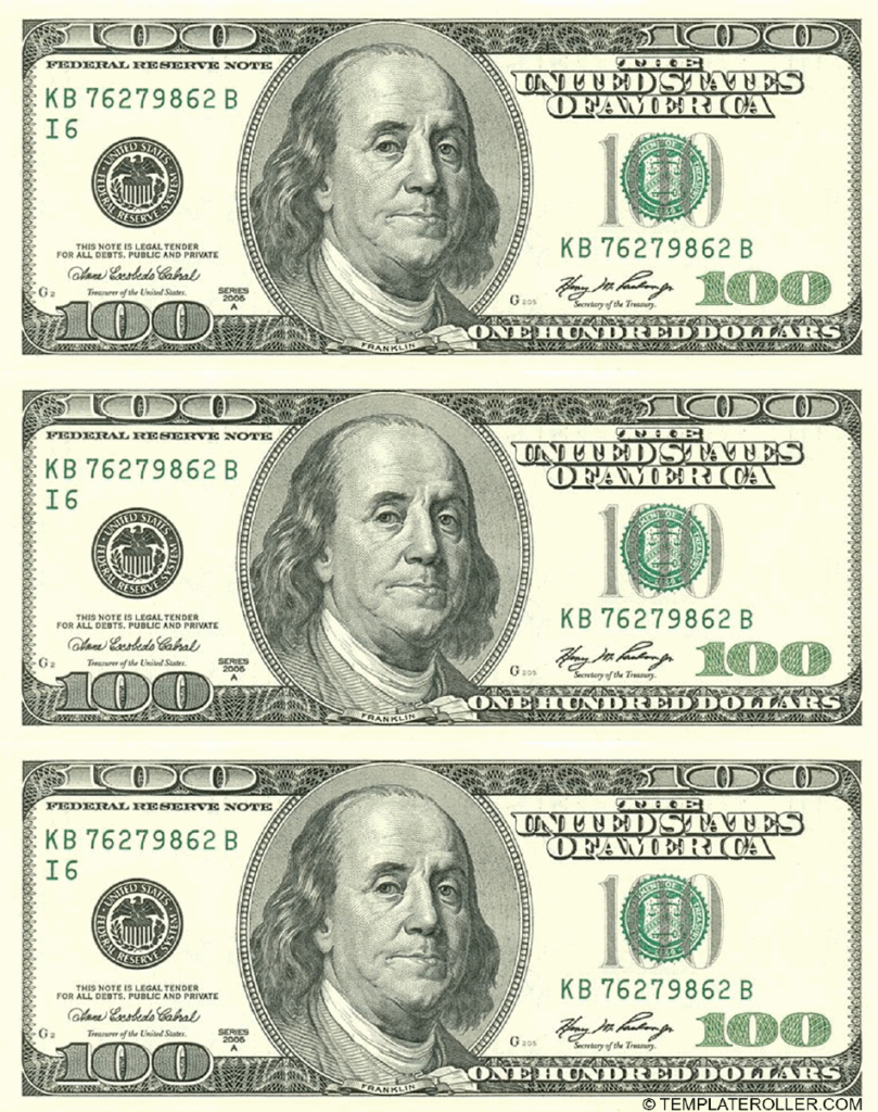One Hundred Dollar Bill Template Front Download Printable PDF Templateroller