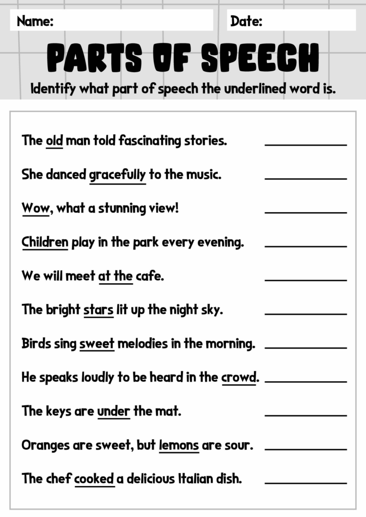 Parts Of Speech Worksheets And Answer Keys
