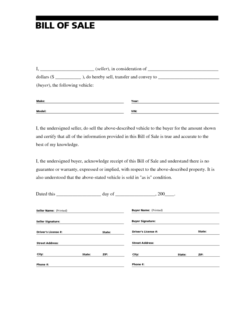 Print Free Bill Of Sale Template