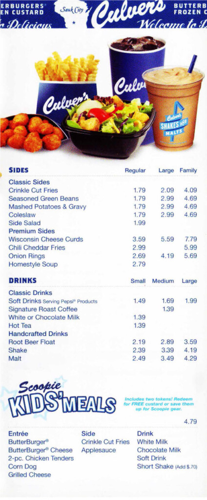Printable Culvers Menu