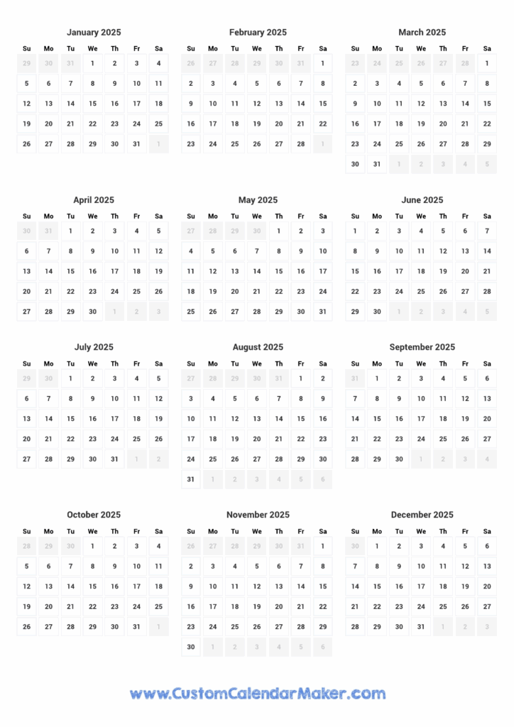 Printable Yearly Calendar 2025 Full Year At A Glance