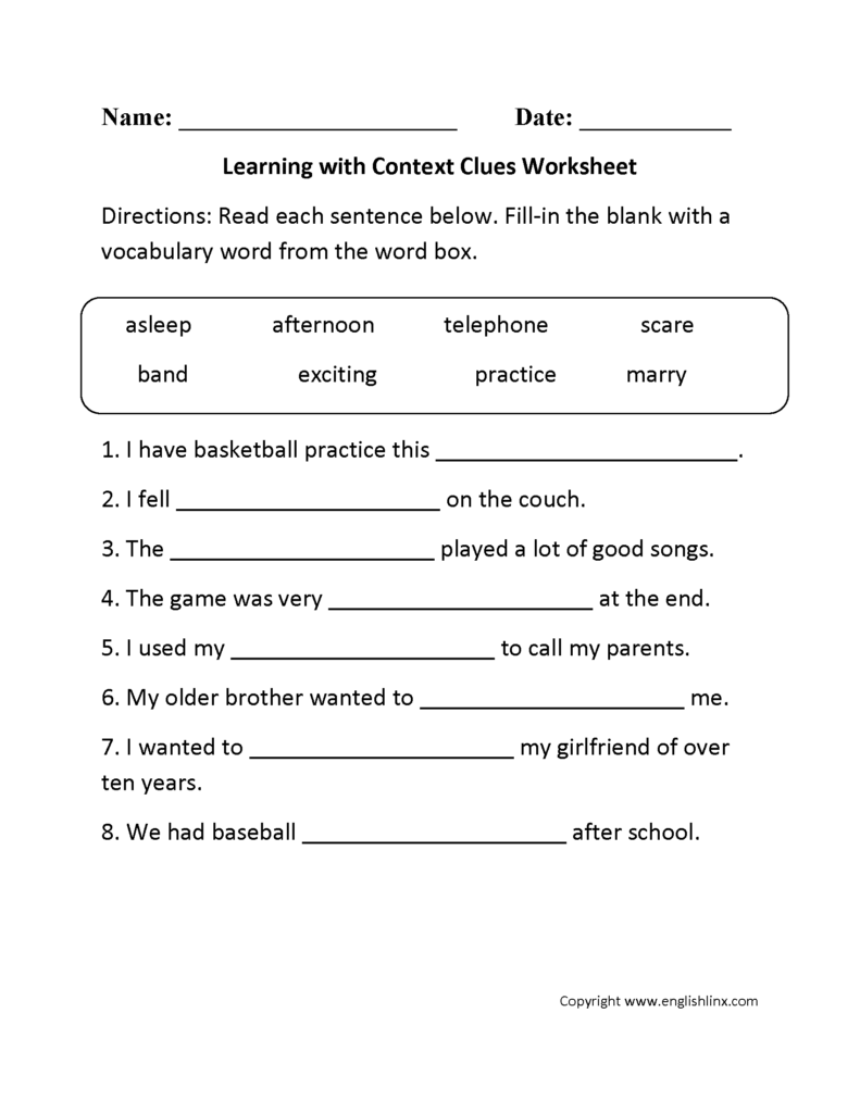 Reading Comprehension With Context Clues Worksheets