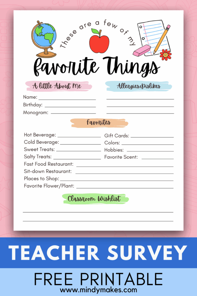 Teacher Appreciation Gift Questionnaire Free Printable Teacher Favorite Things Teacher